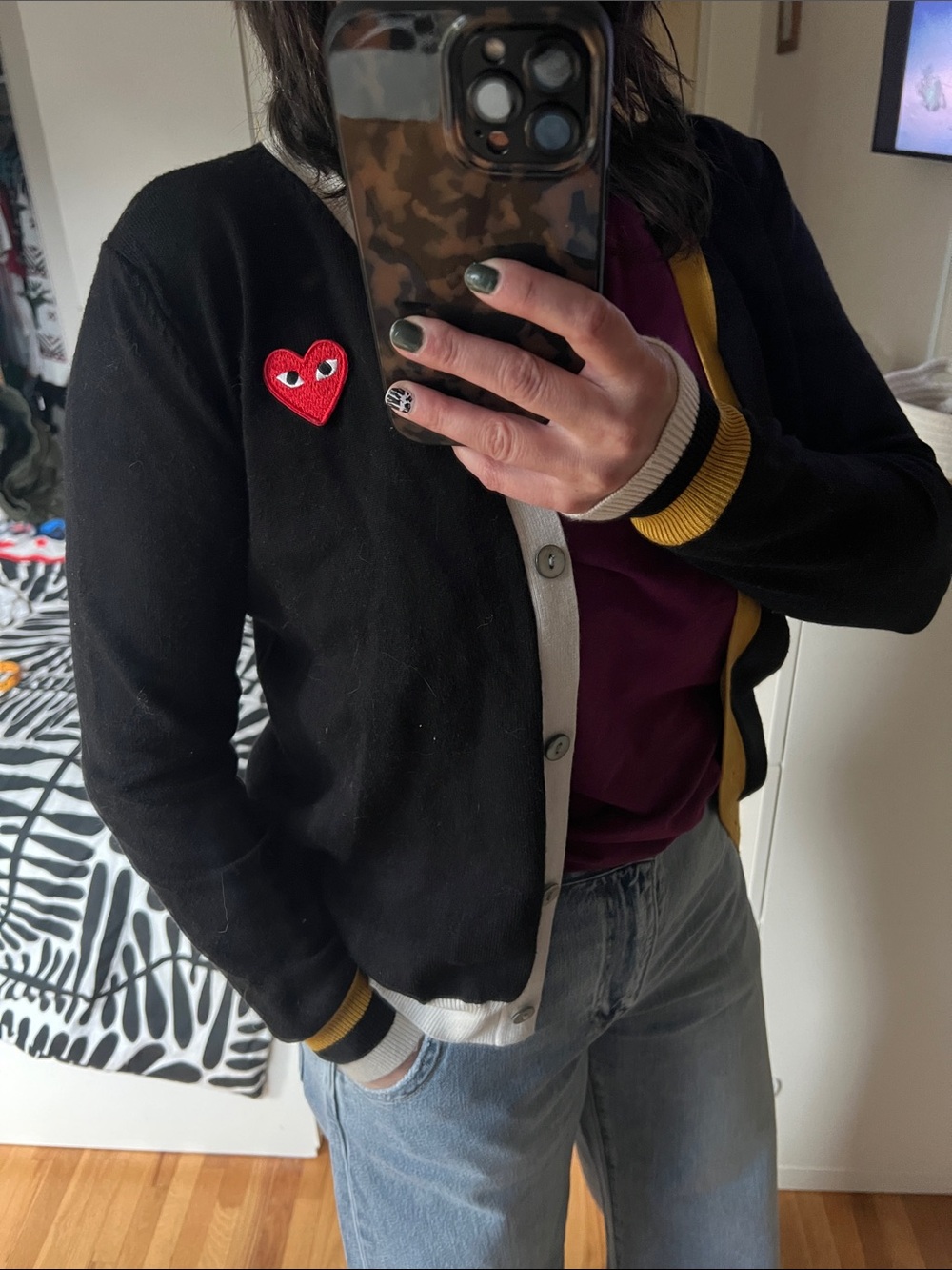Comme des Garcons PLAY Black and Mustard Knit Trim Button up cardigan